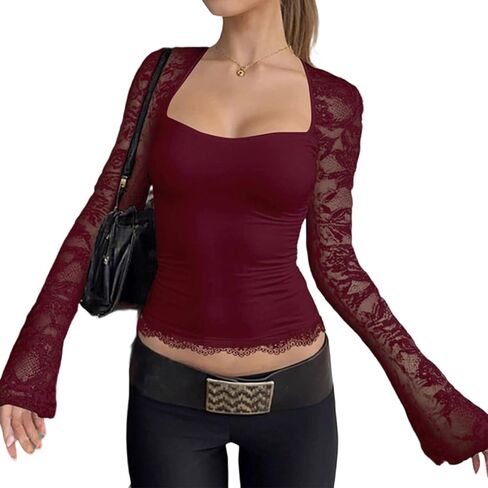 Womens Long Sleeve Going Out Tops Lace Patchwork Square Neck Cropped Shirts Slim Fit Party Y2K Fall Trendy Outfits in Saudi Arabia