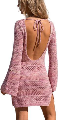 Womens Swimsuit Cover Up Long Sleeve Crochet Beach Dress Hollow Backless Bathing Suit 2026 Summer Vacation Outfits in Saudi Arabia