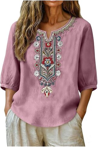 3/4 Length Sleeve Womens Tops Summer Casual V Neck Cotton Linen T Shirts Boho Embroidery Blouse Comfy Loose Tunic Top in Saudi Arabia