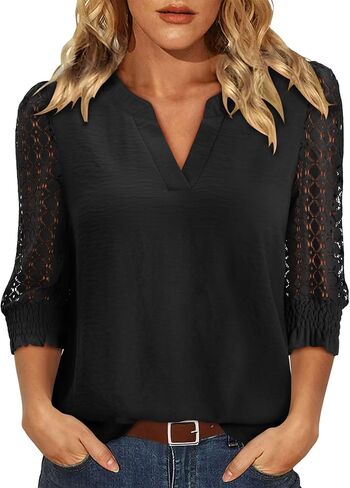 KISSMODA Lace Sleeve Blouse Patchwork Lightweight Notch V Neck 3/4 Sleeve Women Top 2026 Summer Casual Dressy S-XXL in Saudi Arabia