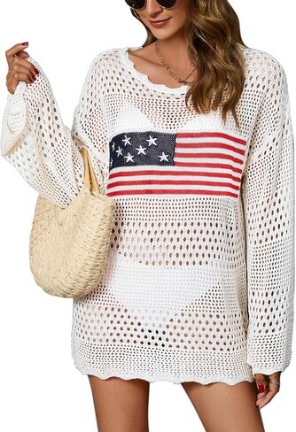 Womens American flag Long Sleeve Scoop Neck Loose Crochet Swimsuit Cover Up in Saudi Arabia