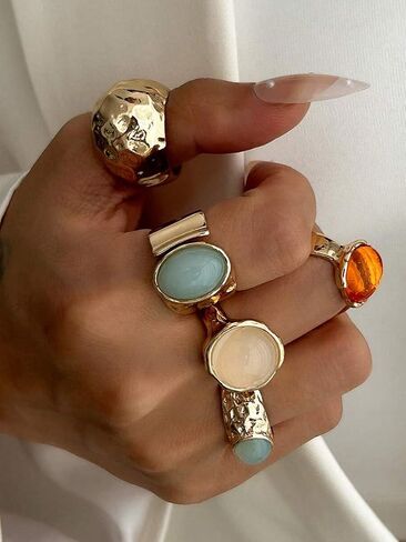 5 قطع غير متناظرة واسعة Moonstone خواتم مجموعة النساء المألوف أنيقة تنوعا المتخصصة تصميم خواتم الاصبع المتطورة in Kuwait