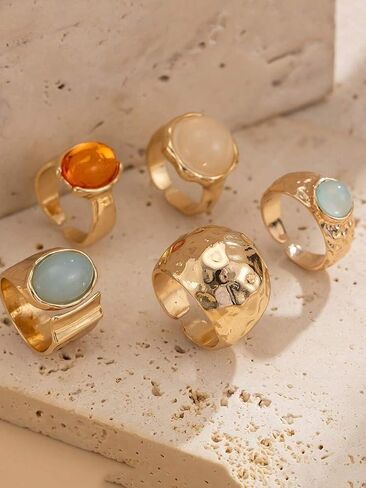 5 قطع غير متناظرة واسعة Moonstone خواتم مجموعة النساء المألوف أنيقة تنوعا المتخصصة تصميم خواتم الاصبع المتطورة in Kuwait