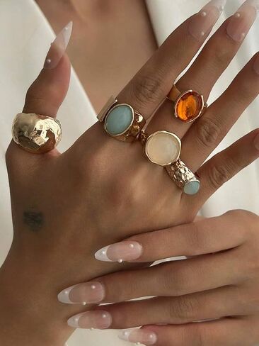 5 قطع غير متناظرة واسعة Moonstone خواتم مجموعة النساء المألوف أنيقة تنوعا المتخصصة تصميم خواتم الاصبع المتطورة in Kuwait