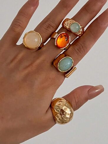 5 قطع غير متناظرة واسعة Moonstone خواتم مجموعة النساء المألوف أنيقة تنوعا المتخصصة تصميم خواتم الاصبع المتطورة in Kuwait