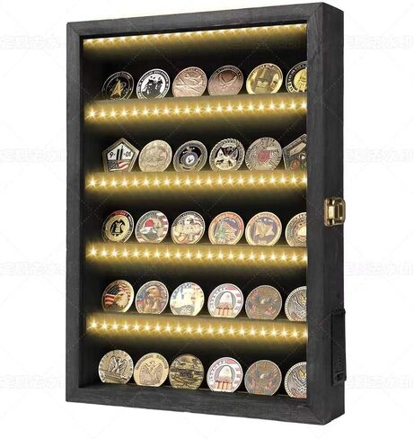 LED Challenge Coin Display Case 5 Layer Black Wood Military Coin Display Wall Mount Challenge Coin Holder Display for Police Navy and Armed Forces 16x12x3in in Saudi Arabia