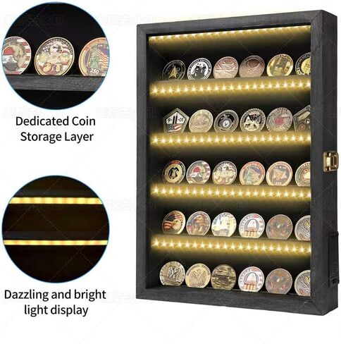 LED Challenge Coin Display Case 5 Layer Black Wood Military Coin Display Wall Mount Challenge Coin Holder Display for Police Navy and Armed Forces 16x12x3in in Saudi Arabia