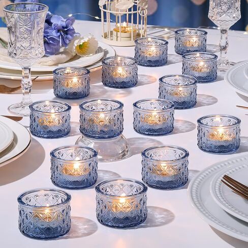 MATAHUM 24 Pack Blue Tealight Candle Holders, Diamond Glass Votive Candle Holders Bulk for Wedding Centerpieces, Beach Theme Bridal Shower, Baby Boy Shower, Birthday Party Decor in Saudi Arabia
