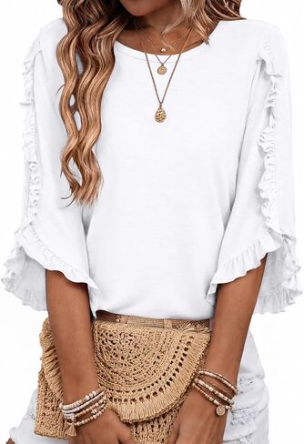 3/4 Length Sleeve Womens Tops Crewneck Ruffle Sleeve Shirts Dressy Casual Blouse Summer Fall Fashion Business Outfit in Kuwait