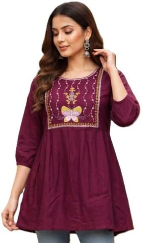 Women’s Cotton Embroidered Kurti Top – Ethnic Tunic with 3/4 Sleeves, Casual & Festive Wear in Kuwait
