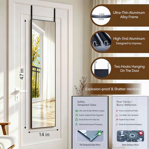 NARCISSUS 47x14 Mirror Door Hanging Full Length,Over Door or Wall Mounted Aluminum Alloy Frame Tempered Glass Rectangle Full Body Mirrors for Bedroom Dressing Living Room Bathroom 47 inch Black in Saudi Arabia