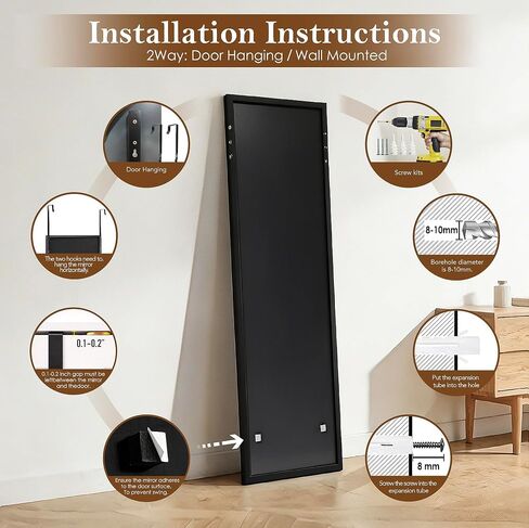 NARCISSUS 47x14 Mirror Door Hanging Full Length,Over Door or Wall Mounted Aluminum Alloy Frame Tempered Glass Rectangle Full Body Mirrors for Bedroom Dressing Living Room Bathroom 47 inch Black in Saudi Arabia