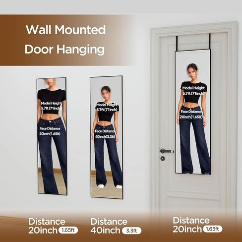 NARCISSUS 47x14 Mirror Door Hanging Full Length,Over Door or Wall Mounted Aluminum Alloy Frame Tempered Glass Rectangle Full Body Mirrors for Bedroom Dressing Living Room Bathroom 47 inch Black in Saudi Arabia