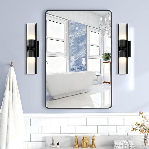 Krymnar 24x36 Bathroom Vanity Mirror Over Sink, Black Rectangular Aluminum Frame with Rounded Corner(Small-Radius), HD Shatterproof Glass & Rust-Proof Wall Mirror for Bedroom, Living Room, Entryway in Saudi Arabia