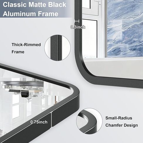 Krymnar 24x36 Bathroom Vanity Mirror Over Sink, Black Rectangular Aluminum Frame with Rounded Corner(Small-Radius), HD Shatterproof Glass & Rust-Proof Wall Mirror for Bedroom, Living Room, Entryway in Saudi Arabia