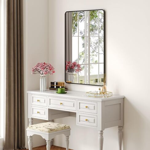 Krymnar 24x36 Bathroom Vanity Mirror Over Sink, Black Rectangular Aluminum Frame with Rounded Corner(Small-Radius), HD Shatterproof Glass & Rust-Proof Wall Mirror for Bedroom, Living Room, Entryway in Saudi Arabia