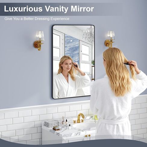 Krymnar 24x36 Bathroom Vanity Mirror Over Sink, Black Rectangular Aluminum Frame with Rounded Corner(Small-Radius), HD Shatterproof Glass & Rust-Proof Wall Mirror for Bedroom, Living Room, Entryway in Saudi Arabia