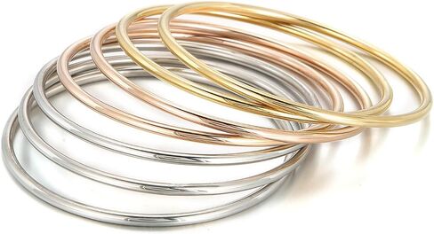 Stainless Steel Thin Round Bangle Bracelet Set for Women, Silver Gold Rose Gold, Glossy Finish, Set of 7, Perfect for Stacking or Wearing Separately in Saudi Arabia