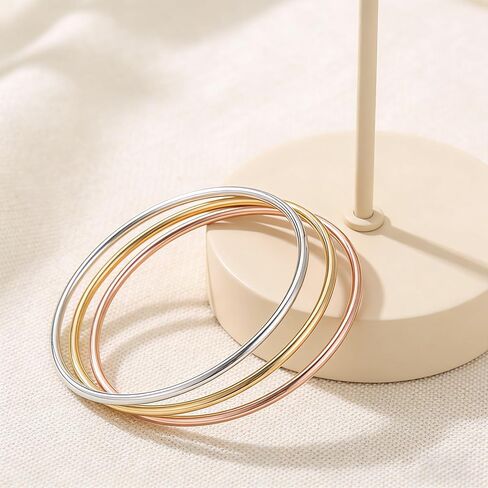 Stainless Steel Thin Round Bangle Bracelet Set for Women, Silver Gold Rose Gold, Glossy Finish, Set of 7, Perfect for Stacking or Wearing Separately in Saudi Arabia