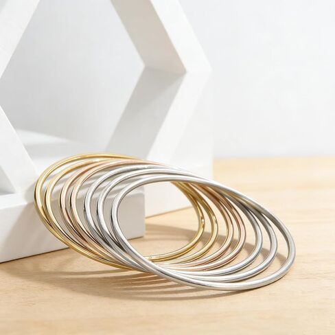 Stainless Steel Thin Round Bangle Bracelet Set for Women, Silver Gold Rose Gold, Glossy Finish, Set of 7, Perfect for Stacking or Wearing Separately in Saudi Arabia