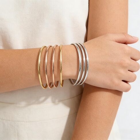 Stainless Steel Thin Round Bangle Bracelet Set for Women, Silver Gold Rose Gold, Glossy Finish, Set of 7, Perfect for Stacking or Wearing Separately in Saudi Arabia