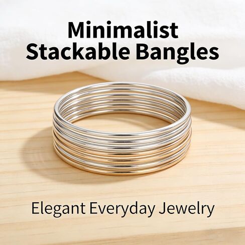 Stainless Steel Thin Round Bangle Bracelet Set for Women, Silver Gold Rose Gold, Glossy Finish, Set of 7, Perfect for Stacking or Wearing Separately in Saudi Arabia