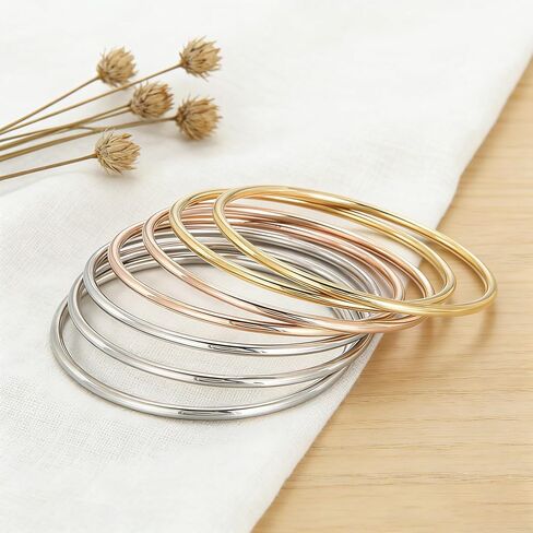 Stainless Steel Thin Round Bangle Bracelet Set for Women, Silver Gold Rose Gold, Glossy Finish, Set of 7, Perfect for Stacking or Wearing Separately in Saudi Arabia