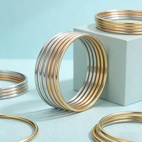 Stainless Steel Thin Round Bangle Bracelet Set for Women, Silver Gold Rose Gold, Glossy Finish, Set of 7, Perfect for Stacking or Wearing Separately in Saudi Arabia