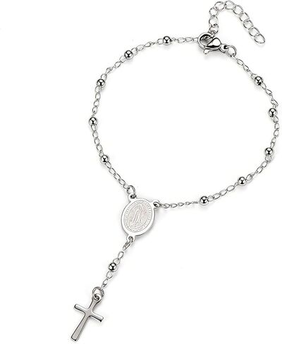 GAUEIOUR Dainty Rosary Cross Bracelet for Women, Silver Plated Y Chain Virgin Mary Crucifix Bracelets Adjustable Christian Catholic Prayer Baptism Easter Holy First Communion Jewelry Gifts in Saudi Arabia
