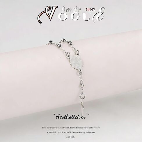 GAUEIOUR Dainty Rosary Cross Bracelet for Women, Silver Plated Y Chain Virgin Mary Crucifix Bracelets Adjustable Christian Catholic Prayer Baptism Easter Holy First Communion Jewelry Gifts in Saudi Arabia
