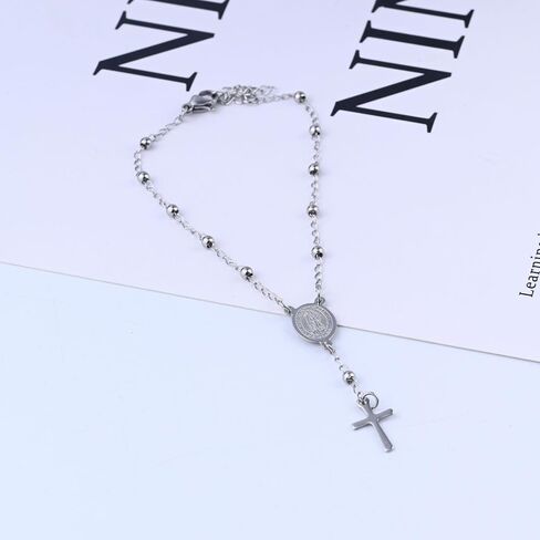 GAUEIOUR Dainty Rosary Cross Bracelet for Women, Silver Plated Y Chain Virgin Mary Crucifix Bracelets Adjustable Christian Catholic Prayer Baptism Easter Holy First Communion Jewelry Gifts in Saudi Arabia
