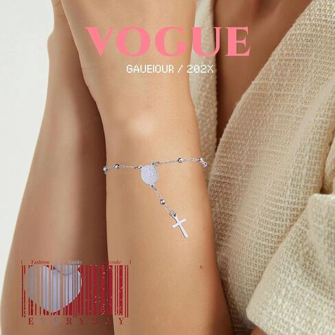 GAUEIOUR Dainty Rosary Cross Bracelet for Women, Silver Plated Y Chain Virgin Mary Crucifix Bracelets Adjustable Christian Catholic Prayer Baptism Easter Holy First Communion Jewelry Gifts in Saudi Arabia