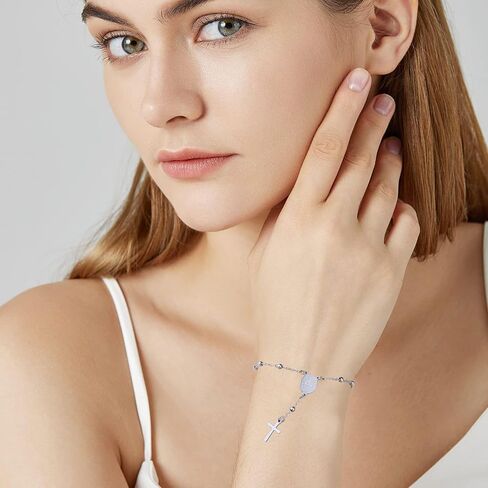 GAUEIOUR Dainty Rosary Cross Bracelet for Women, Silver Plated Y Chain Virgin Mary Crucifix Bracelets Adjustable Christian Catholic Prayer Baptism Easter Holy First Communion Jewelry Gifts in Saudi Arabia