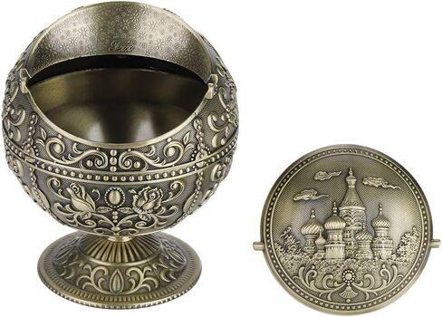 Vintage Art Craft Ashtray, Metal Round Ball with Exquisite Carving Pattern, Elegant Painting for Home Hotel Decoration Gift (bronze castle) in Kuwait