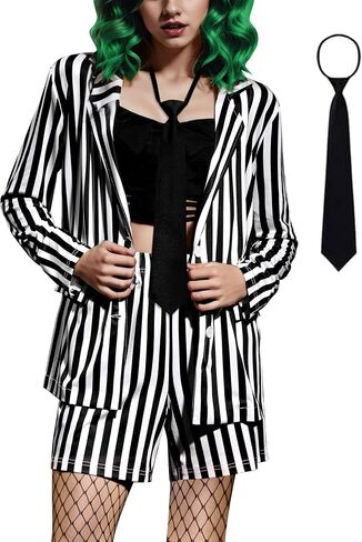 ALIREVERIE Halloween Costume Women Black and White Party Blazer Pocket Spooky Stripes Tops and Shorts Small in Kuwait