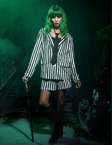 ALIREVERIE Halloween Costume Women Black and White Party Blazer Pocket Spooky Stripes Tops and Shorts Small in Kuwait