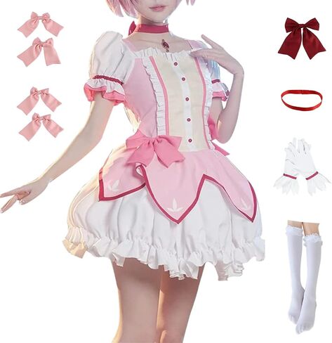 COLSA Women Girls Pink Dress Cosplay Costume Anime Uniform Skirt Halloween Outfits with Gloves Socks in Saudi Arabia