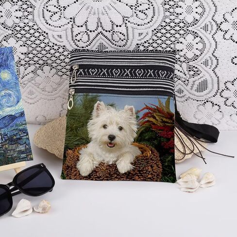 Westie Dog in Pinecone Print Crossbody Bag Adjustable Unisex Western Highland Terrier Print Shoulder Bag with Zipper Birthday Holiday Gift for Pet Lovers Outdoor Travel Men Purse in Kuwait