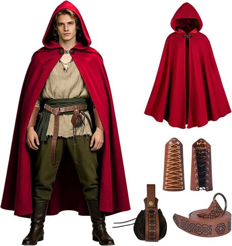 Medieval Hooded Cloak Renaissance Costume Cape with Waist Belt, Waist Bag, Bracers, for Men Women Halloween Party in Kuwait