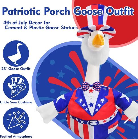 4th of July Porch Goose Outfits, Patriotic 23" Cement Goose Uncle Sam Costume Set for 250th Anniversary Independence Day in Saudi Arabia