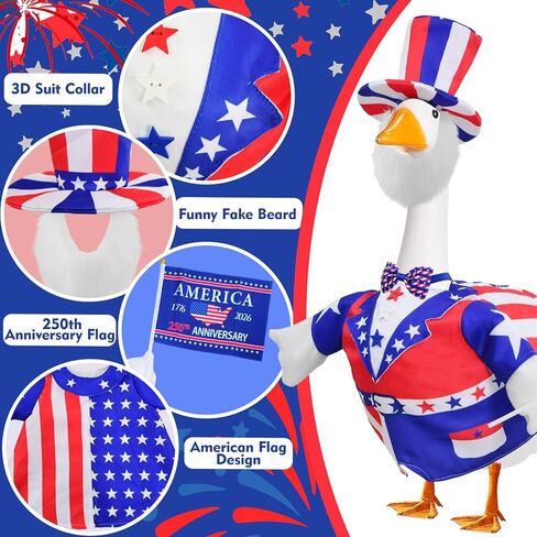 4th of July Porch Goose Outfits, Patriotic 23" Cement Goose Uncle Sam Costume Set for 250th Anniversary Independence Day in Saudi Arabia