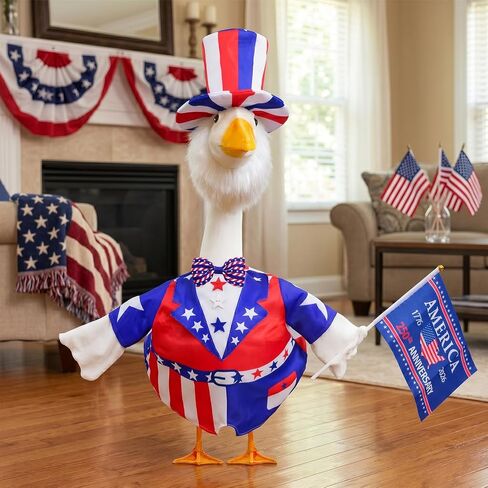 4th of July Porch Goose Outfits, Patriotic 23" Cement Goose Uncle Sam Costume Set for 250th Anniversary Independence Day in Saudi Arabia