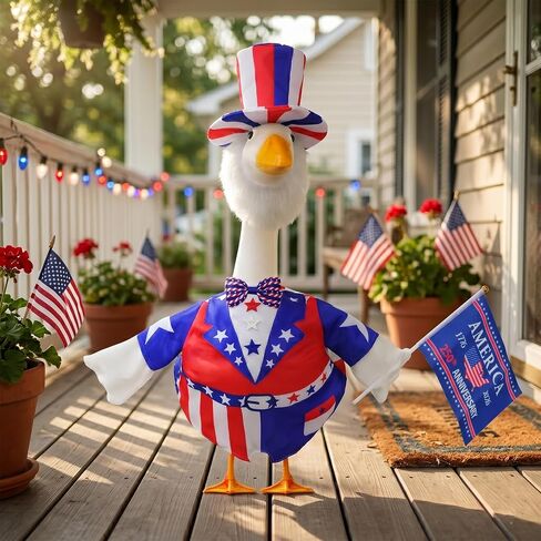4th of July Porch Goose Outfits, Patriotic 23" Cement Goose Uncle Sam Costume Set for 250th Anniversary Independence Day in Saudi Arabia