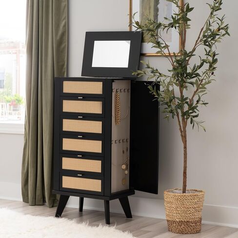 Powell Helene Black Wooden Jewelry Armoire with Cane Drawer Fronts in Saudi Arabia