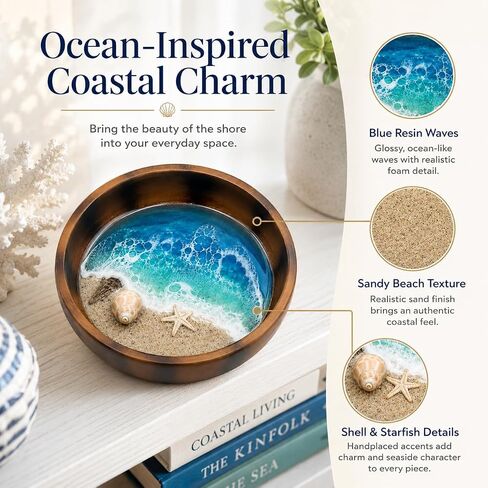 Ocean Resin Decorative Bowl, 3.94 Inch Coastal Trinket Dish for Jewelry, Keys, Coins, Small Beach Themed Catchall Tray for Home Office Desk Shelf Decor, Housewarming Birthday Gift in Kuwait