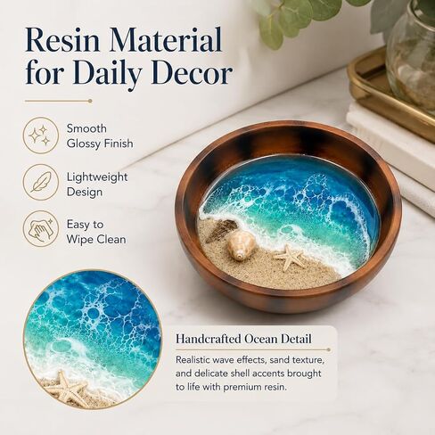 Ocean Resin Decorative Bowl, 3.94 Inch Coastal Trinket Dish for Jewelry, Keys, Coins, Small Beach Themed Catchall Tray for Home Office Desk Shelf Decor, Housewarming Birthday Gift in Kuwait