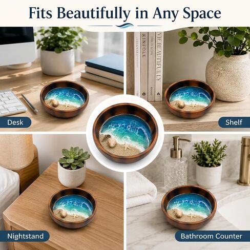 Ocean Resin Decorative Bowl, 3.94 Inch Coastal Trinket Dish for Jewelry, Keys, Coins, Small Beach Themed Catchall Tray for Home Office Desk Shelf Decor, Housewarming Birthday Gift in Kuwait