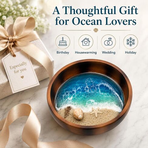 Ocean Resin Decorative Bowl, 3.94 Inch Coastal Trinket Dish for Jewelry, Keys, Coins, Small Beach Themed Catchall Tray for Home Office Desk Shelf Decor, Housewarming Birthday Gift in Kuwait