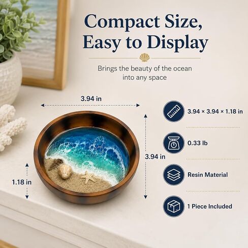 Ocean Resin Decorative Bowl, 3.94 Inch Coastal Trinket Dish for Jewelry, Keys, Coins, Small Beach Themed Catchall Tray for Home Office Desk Shelf Decor, Housewarming Birthday Gift in Kuwait