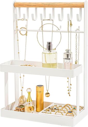 4-Tier Jewelry Organizer Stand with 12 Hooks & Velvet Ring Tray, Necklace Holder, Tangle-Free Jewelry Display for Bracelets Rings, Room Dorm Decor for Dresser Vanity, Gift for Teen Girls, White in Saudi Arabia
